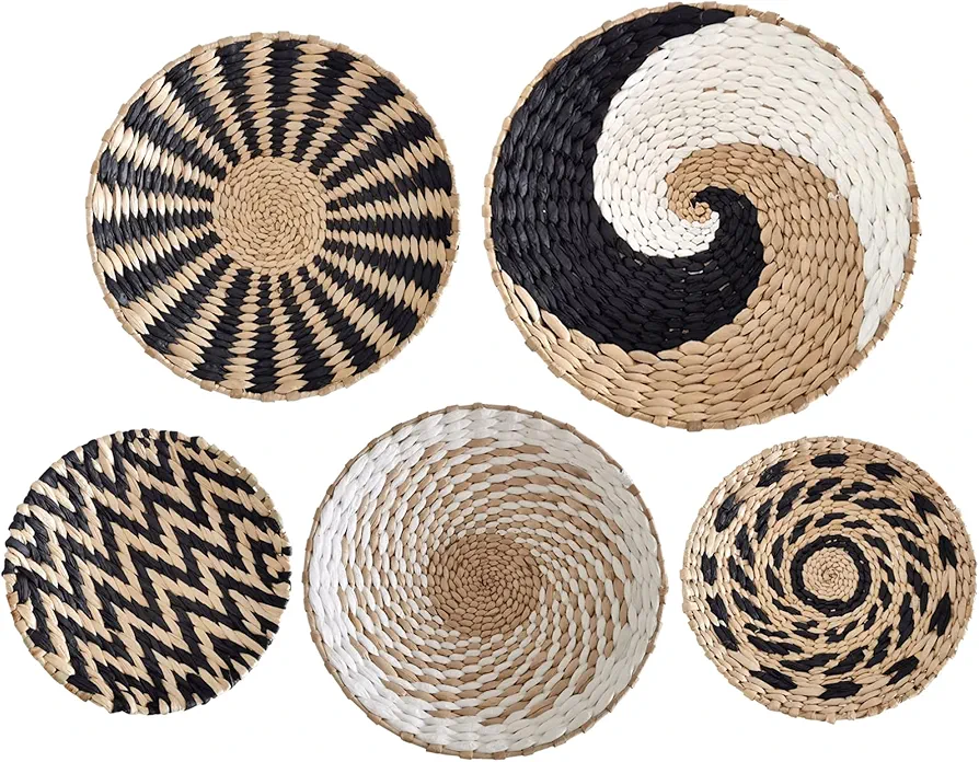 Wall Basket Decor Rattan Wall Decor Decorative Wall Basket 5Pcs Hanging Rattan Woven Baskets 7.9, 9.8, 11.8 Inch Rustic Wall Art Decor Decorative Key Tray Set for Living Room, Bedroom, Kitchen