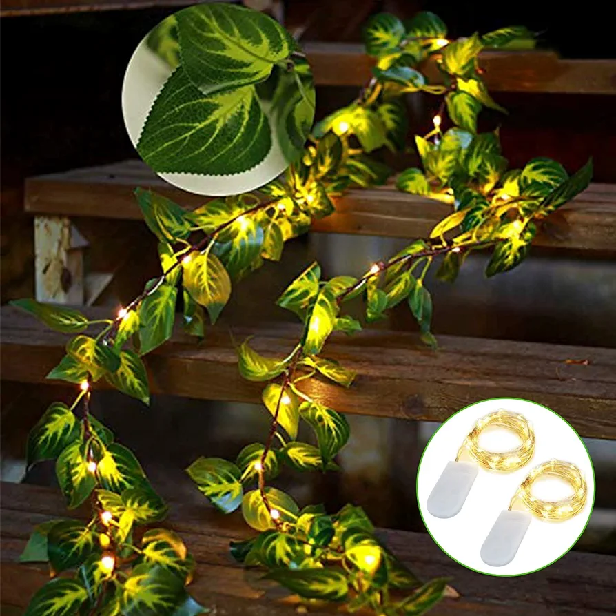 YJFWAL Artificial Green Ivy Leaf Garland String Lights - 6.5ft 1 Vine Fairy Lights with 2Pcs 30 LED String Lights, Battery Operated Fake Greenery Decor for Home, Garden, Party, Weddings, and Walls