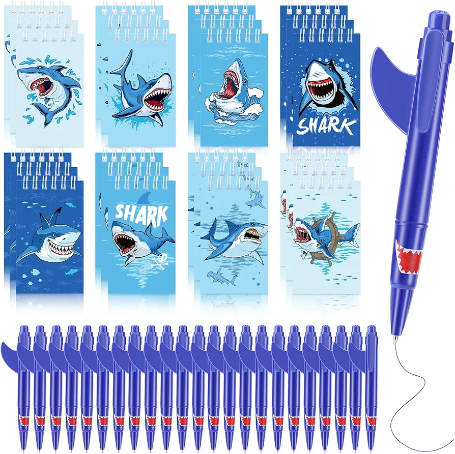 Qilery 48 Pcs Shark Party Favors Shark Birthday School Supplies Include 24 Small Shark Notebooks 24 Shark Pens Mini Spiral Notepads Novelty Pens for Kids Students School Classroom Prize Rewards