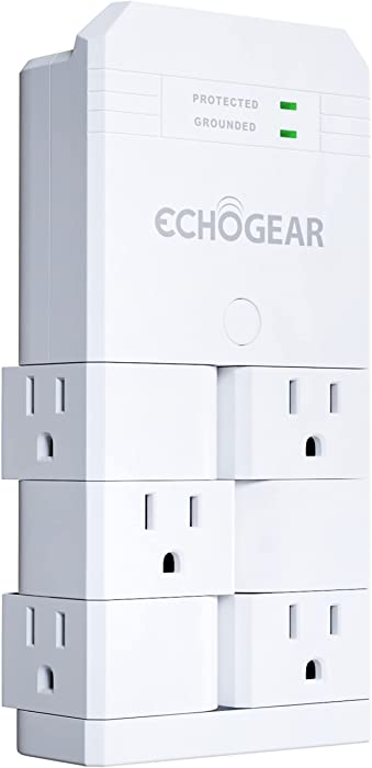 ECHOGEAR On-Wall Surge Protector with 6 Pivoting AC Outlets & 1080 Joules of Surge Protection - Low Profile Design Installs Over Existing Outlets to Protect Your Gear (White)