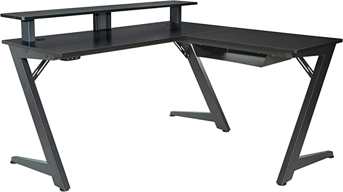 OSP Home Furnishings Avatar Battlestation L-Shape Gaming Desk with Bluetooth RGB LED Lights and Carbon Fiber Surface, Matte Black