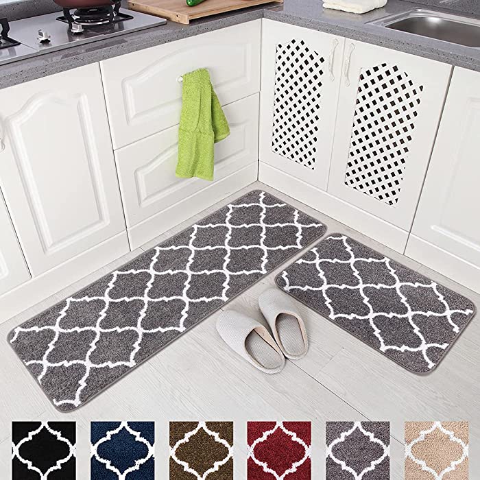 Carvapet 2 Pieces Kitchen Rugs and Mats Set Absorbent Soft Microfiber Bath Mat Moroccan Trellis Non-Slip Kitchen Mat Doormat Runner Set, 17"x48"+17"x24", Grey