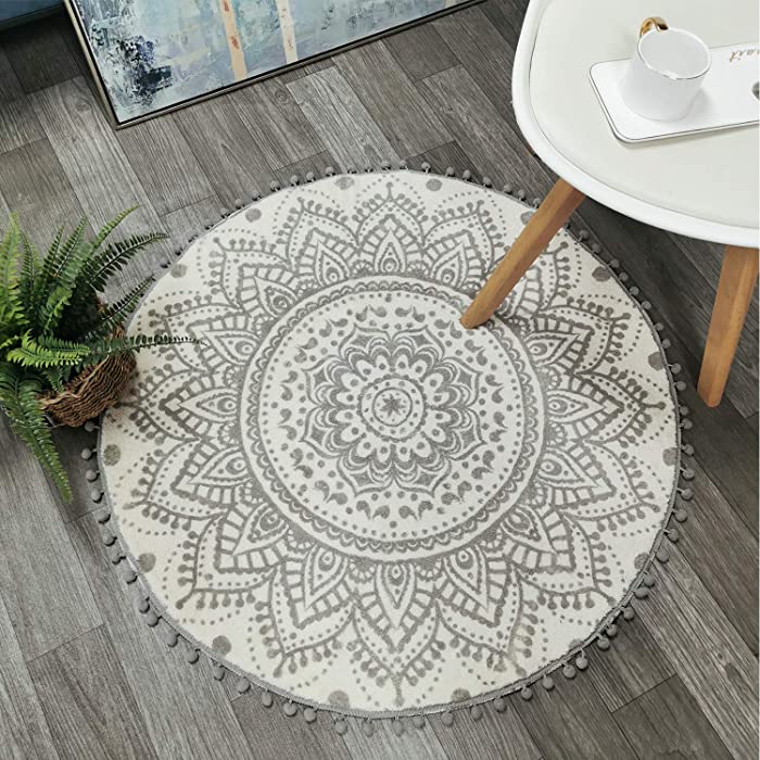 Uphome Boho Round Rug for Bedroom 3' Circle Beige and Grey Bathroom Rug with Pom Poms Fringe Washable Mandala Accent Throw Rugs Non-Slip Soft Floor Mat for Entryway Living Room Sofa Kids Room Nursery