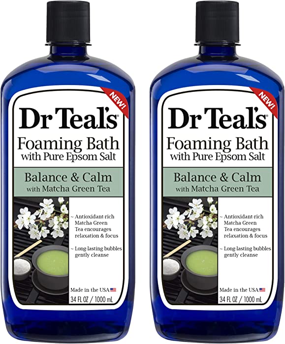 Dr Teal's Epsom Salt Antioxidant Rich Matcha Green Tea Foaming Bath - Balance and Calm - Pack of 2, 34 Oz ea - Moisturize your Skin, Relieve Stress and Sore Muscles, Long Lasting Bubbles