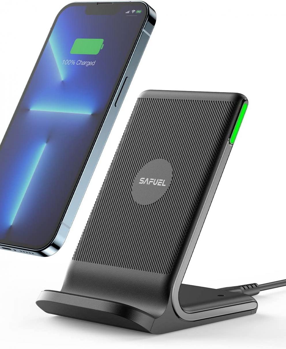 Wireless Charger, 15W Qi Fast Wireless Charging Station, SAFUEL Wireless Charging Stand with Sleep-Friendly Light for iPhone 14 13 12 Pro XR XS 8 Plus Samsung Galaxy S22 S21 S20 Note 10 Ultra Google