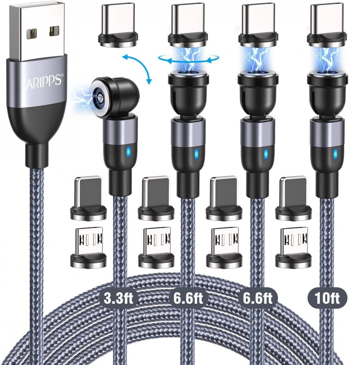 Magnetic Charging Cable 4 Pack (3.3ft/6.6ft/6.6ft/10ft), Aripps 540 Degree Rotating Magnetic Phone Charger Cable, 3 in 1 Nylon Braided Magnetic USB Cable for Type C, Micro USB