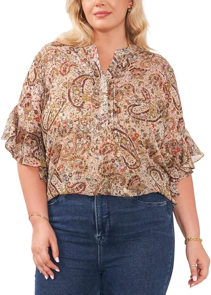 Vince Camuto Womens Plus Paisley Print Pintuck Blouse