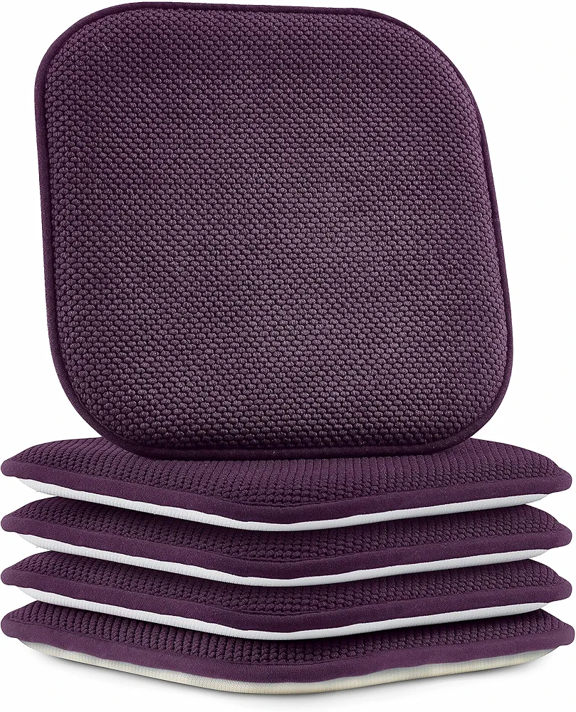 Elegant Comfort 4 Pack Chair Cushion Covers - Skid-Proof Rubber Backing - 16 x 16 Inch - Thick Dining Square Shape Seat Covers - Comfortable Textured Chair Pads with Ties - Honeycomb Pattern, Purple