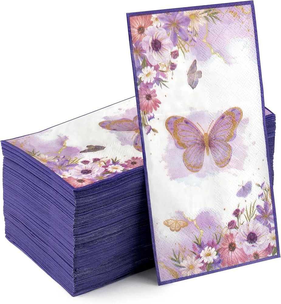 GROBRO7 100 Pcs Purple Butterfly Flower Disposable Napkins Spring Summer Dinner Guest Towels 3 Ply Bathroom Restaurant Paper Hand Towels for Birthday Wedding Baby Shower Holiday Party Table Supplies