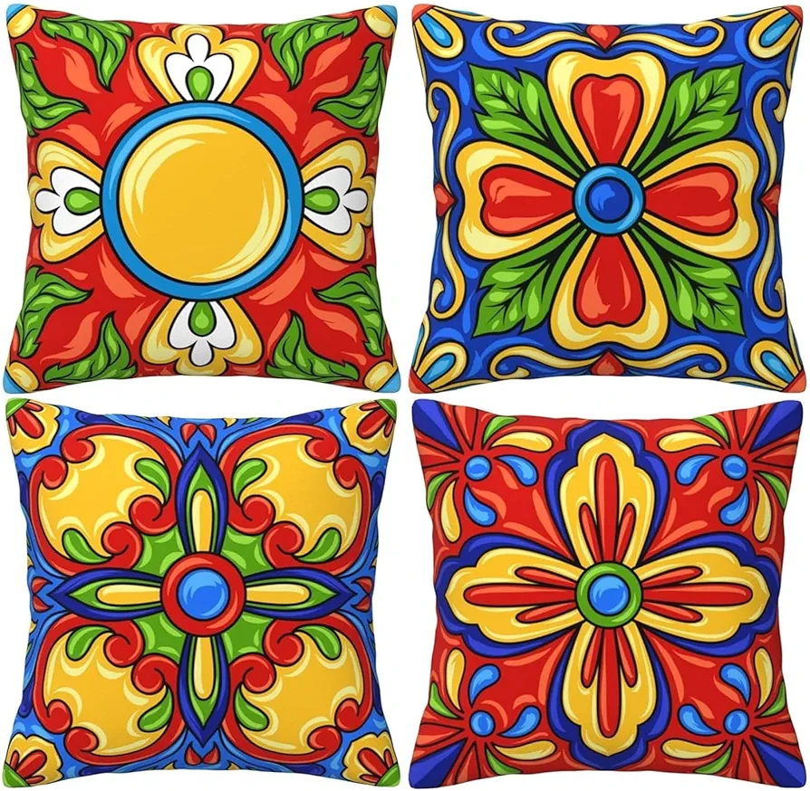 Mexican Throw Pillow Covers 18x18 inch Set of 4 Spanish Floral Pillow Cases Colorful Ethnic Decorative Cushion Covers for Sofa Couch Living Room