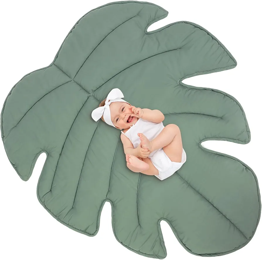 Funtery Baby Play Mat 56 x 42 Inch Cotton Crawling Cushion Cotton Nursery Rug Large Thick Soft Reversible Washable Folding Floor Mat Nursery Decor Rug for Girls Boys (Green,Tropical Leaves)