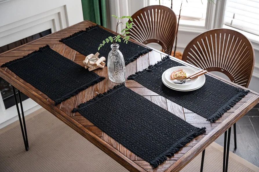 Rectangular Placemats Set of 8,Cotton Linen Fabric Placemats,Black Weave Stripes Pattern,Decorate The Living Room and Dining Table,12'' x 20''(30 x 50 cm)