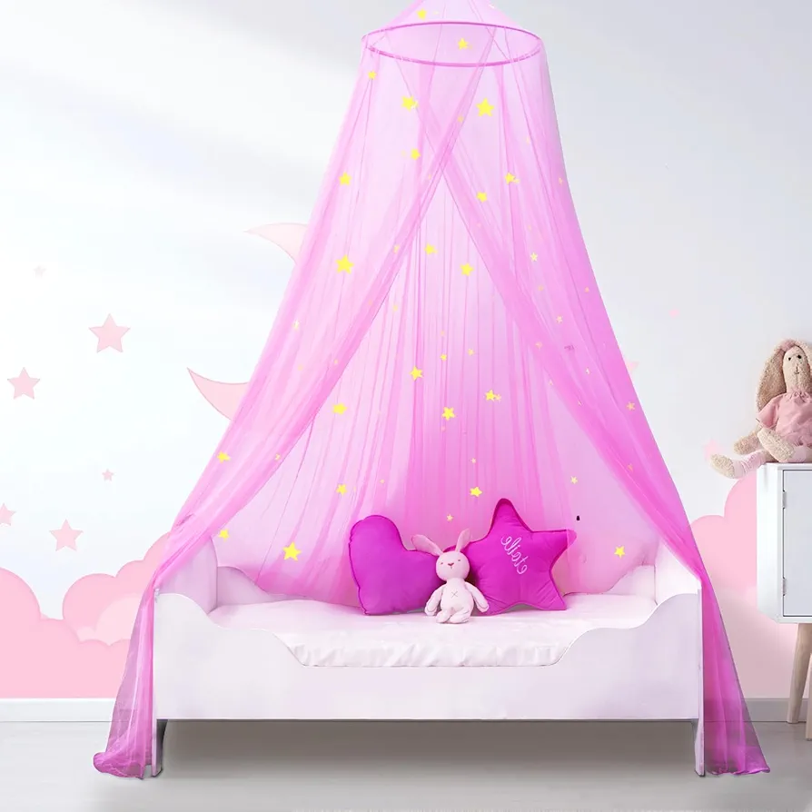 South to East Princess Bed Canopy for Girls with Glowing Stars, Pink Canopy for Girls Room, Bed Canopy Curtains from Ceiling for Twin Beds, Full Size Beds, Ideal Gift for Girls, Fire Retardant Fabric