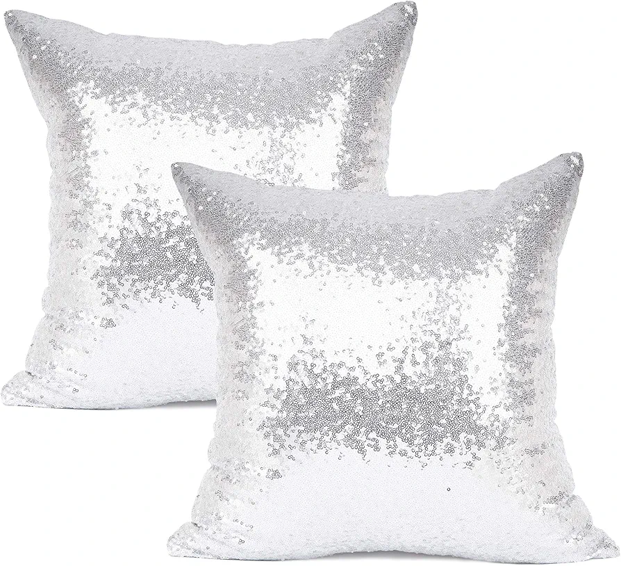 YOUR SMILE Pack of 2, New Luxury Series Silver Decorative Glitzy Sequin & Comfy Satin Solid Throw Pillow Cover Cushion Case for Wedding/Christmas,18" x 18"