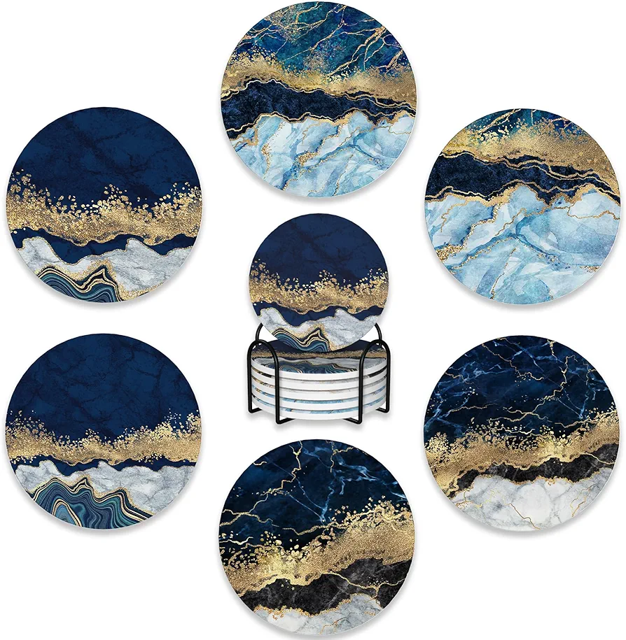 6 Pcs Coasters for Drinks with Holder,Blue Gold Marble Absorbent Coaster with Cork Backing,Great Gift for Housewarming,Room Decor,Bar,Holiday Party