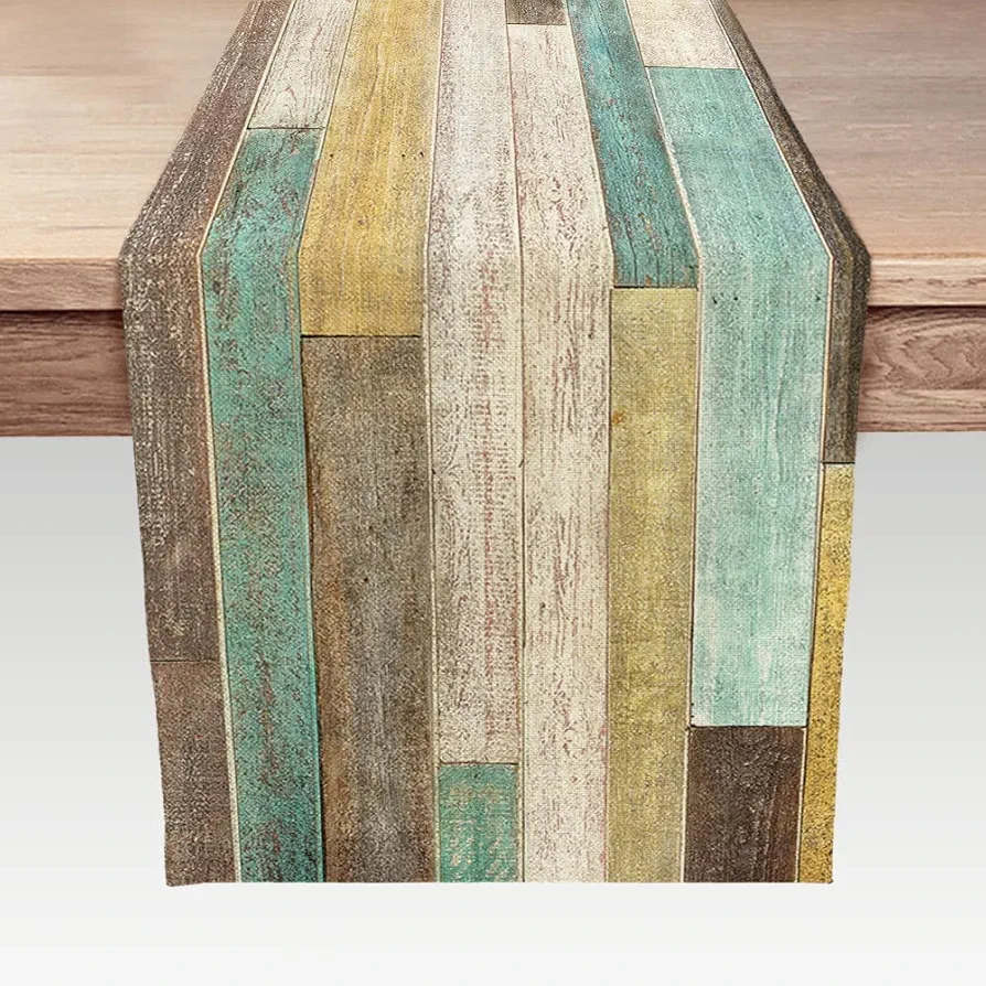 Linen Burlap Table Runners 13X72 Inches, Rustic Barn Wood Brown Teal Table Runner, Farmhouse Table Decor for Kitchen Dining Room Coffee Table