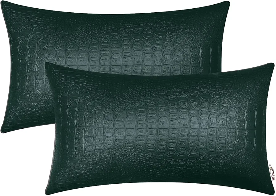 BRAWARM Faux Leather Pillow Covers 12 X 20 Inches, Dark Green Leather Pillow Covers Pack of 2, Crocodile Leather Decorative Lumbar Throw Pillows for Living Room Couch Bed Sofa Home