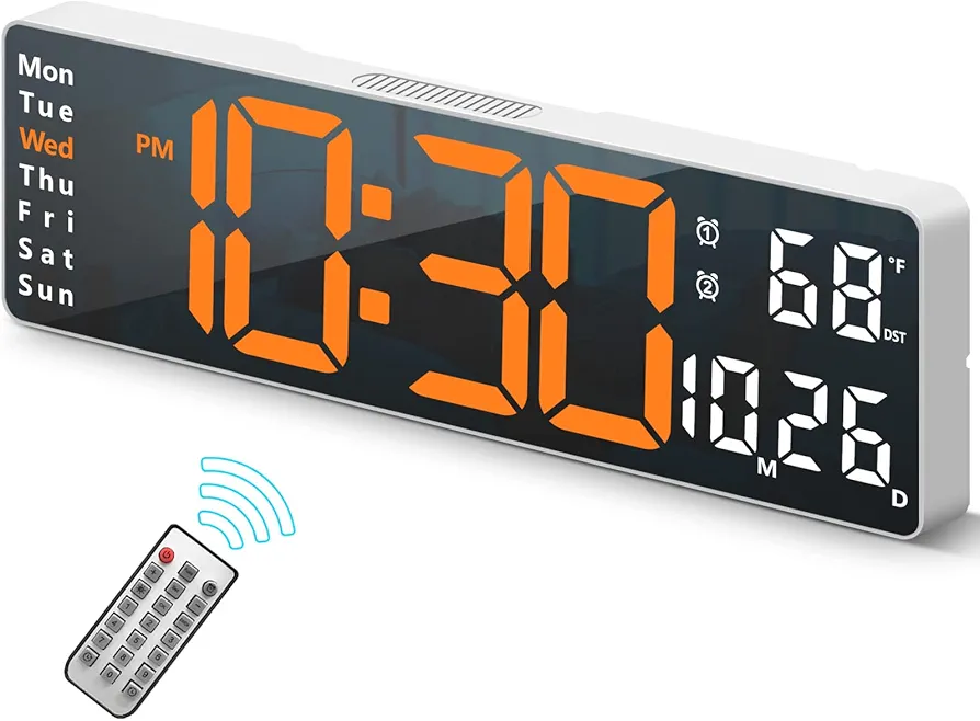 Digital Clock, Digital Wall Clock for Living Room Decor, Desk Alarm Clock for Bedroom, Large Wall Clock with Remote Control, Automatic Brightness Dimmer LED Clock with Date Temperature Week (Orange-W)