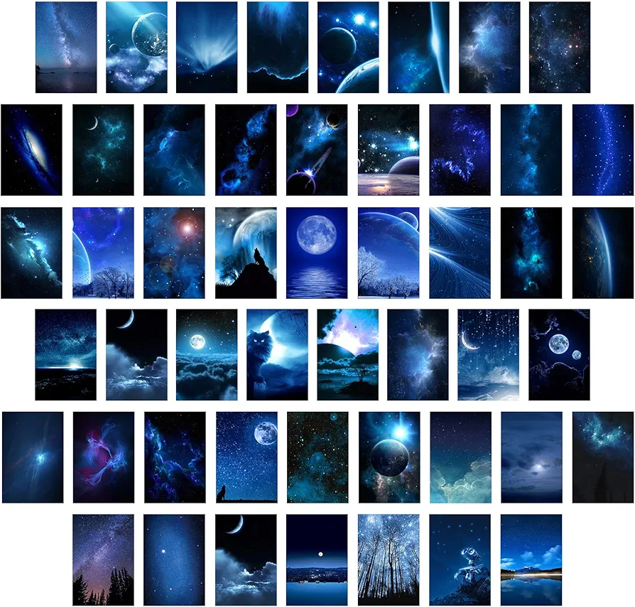 HZSYF Blue Photo Wall Collage Kit - Galaxy Stars Wall Art Space Posters Pictures Aesthetic Room Decor for Boys Girls Bedroom Dorm Nature Nebula Starry Night Universe Artwork 50 Set 4x6inch UNFRAMED