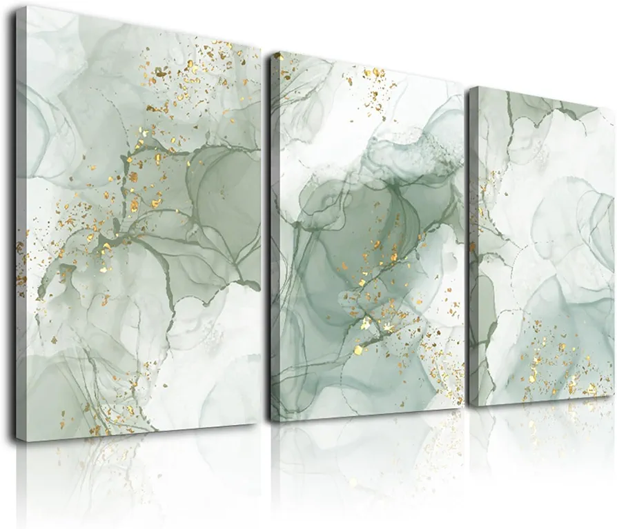 Sage Green Wall Art Set of 3,Abstract Green Wall Decor Living Room,Minimalist Modern Framed Wall Art Marble Line Beige Gold Green Canvas Artwork Paintings,Green Boho Room Decor,Bedroom Bathroom Office Wall Decoration,12"x16"