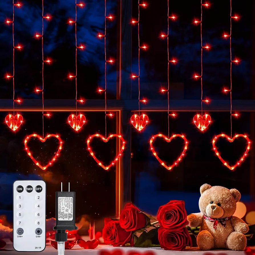 Brightown Love Heart Curtain Lights for Bedroom - 12 Hearts 138 LED Fairy Twinkle Lights with Remote, 8 Lighting Modes Connectable Window Lights for Valentine's Day Wedding Party Birthday Decor, Red