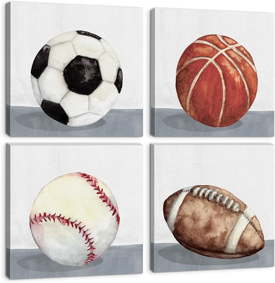 Boys Room Wall Decor Sports Decor for Boys Bedroom Rustic Soccer Football Baseball Basketball Canvas Pictures Kids Wall Art Vintage Ball Painting Nursery Playroom Artwork Home Decorations 12x12" 4 Pcs