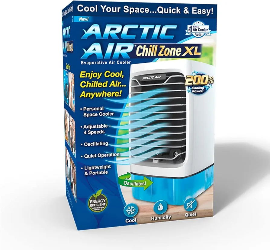 Arctic Air Chill Zone XL Evaporative Cooler with Oscillating Fan, Auto-Off Timer, Portable Fan with 4 Adjustable Speeds, 16-Hour Cooling Fan for Bedroom, Living Room, Office & More,White