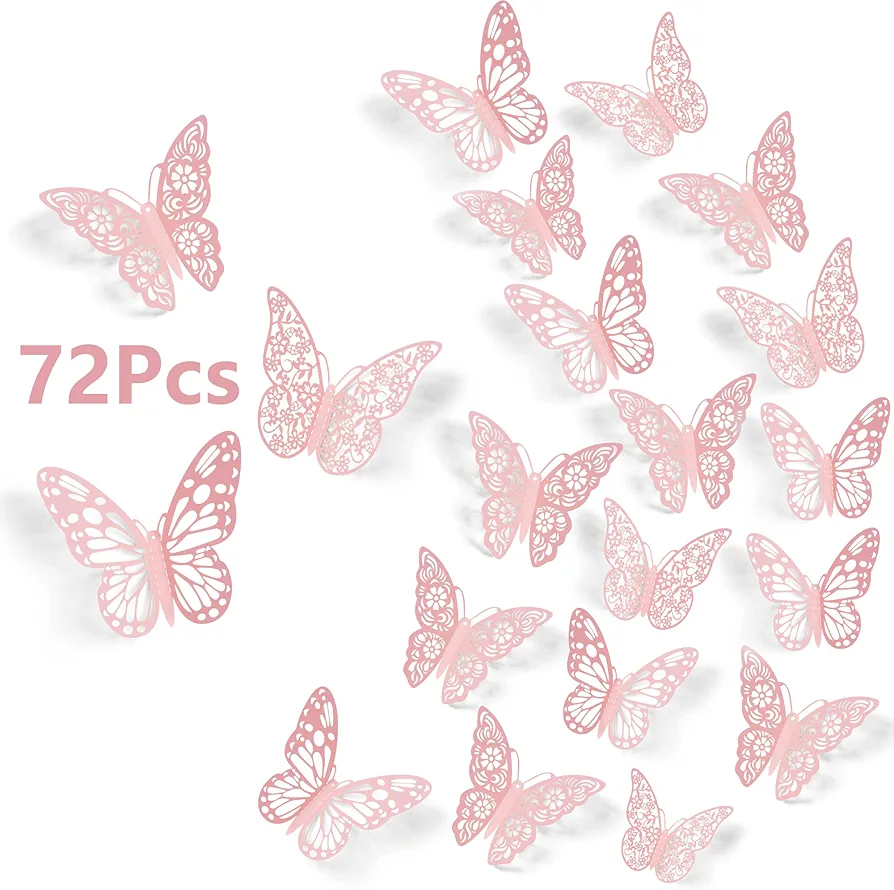 SAOROPEB 3D Butterfly Wall Decor, 72Pcs 3 Sizes 3 Styles, Removable Stickers Wall Decor Room Mural for Party Cake Decoration Metallic Fridge Sticker Kids Bedroom Nursery Classroom Wedding Decor DIY