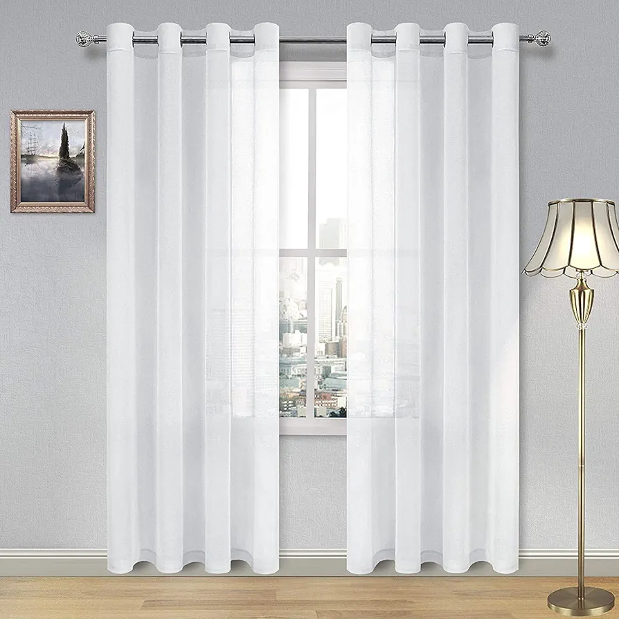 DWCN White Sheer Curtains Linen Look Semi Transparent Voile Grommet White Curtains for Living Dining Room Drapes 52 x 84 Inch Long, Set of 2 Panels