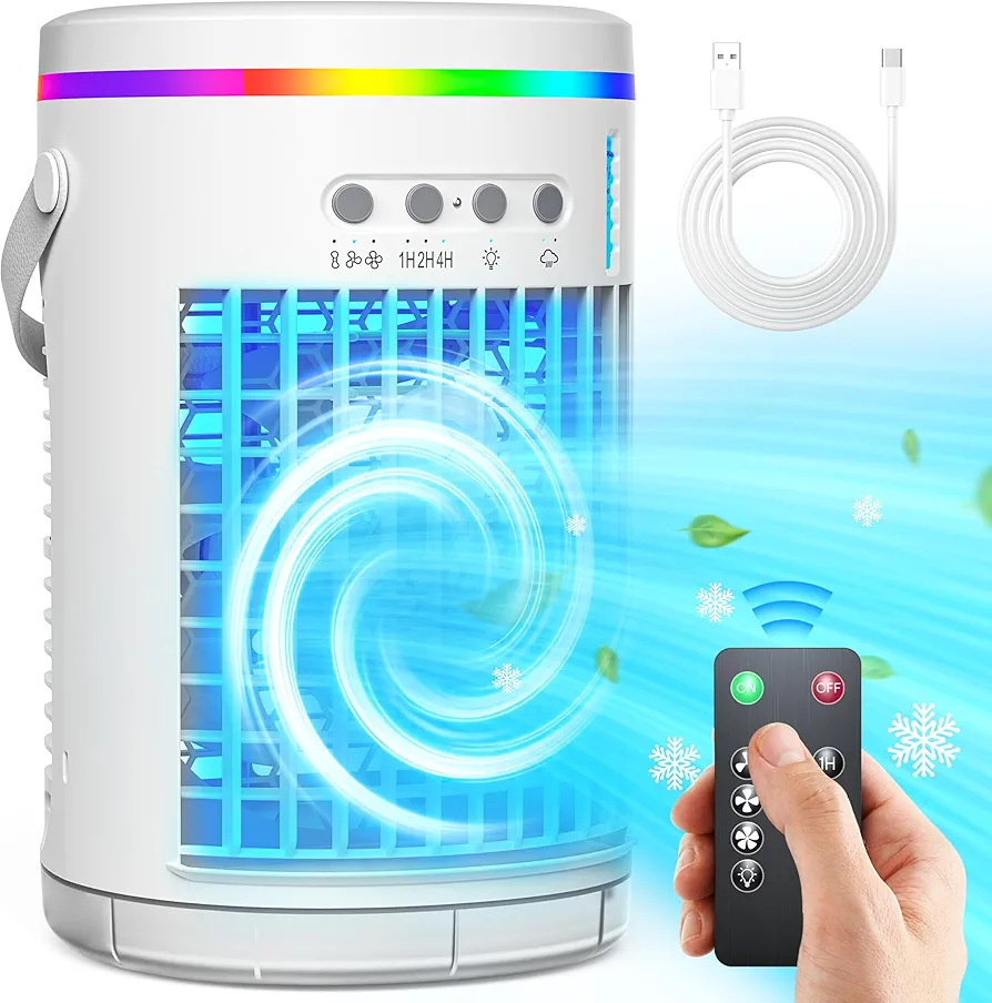 4 in 1 Portable Air Conditioners,1400ml Evaporative Mini Air Conditioner,7 Color Lights Personal Air Conditioner Portable, 3 Speed Portable AC Unit for Room Bedroom Office Camping