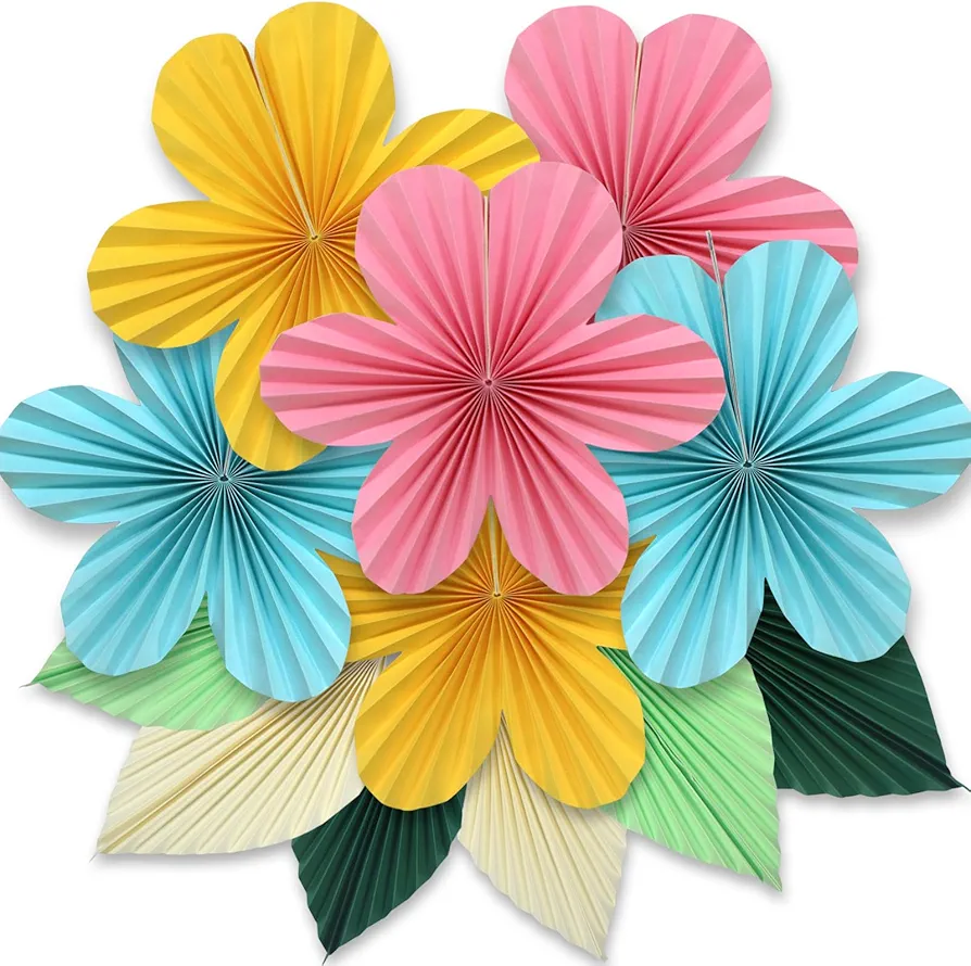 ADLKGG Paper Flowers Leaves Fan Party Decorations, Hanging Flower Wall Backdrop for Classroom Decor, Spring Party Decorations, Wedding, Tropical Jungle Forest Birthday, Fiesta Party, 12pcs