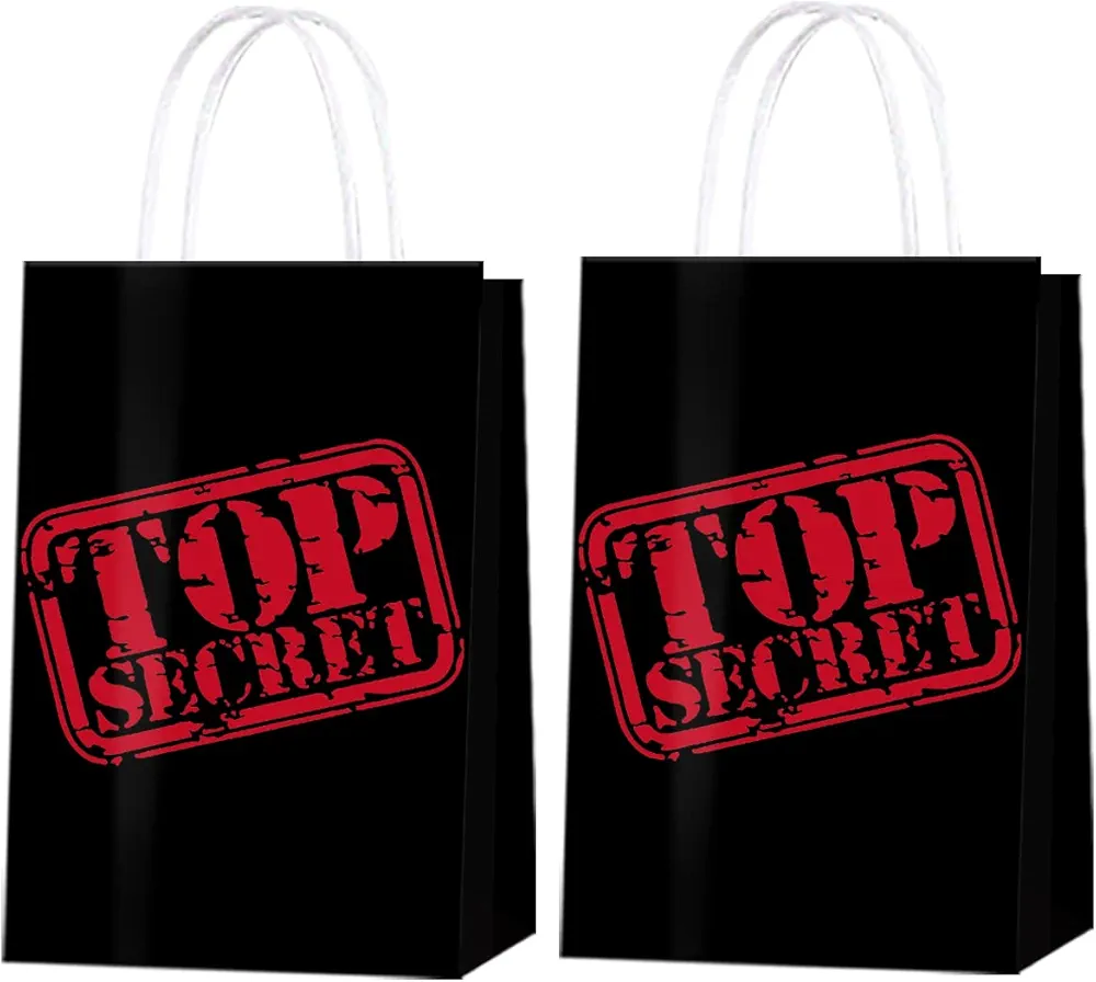 16Pcs Top Secret Party Favors Bags Treat Bags With Handle For Escape Room Party Favors Top Secret Stamp Club Team Activities Top Secret Theme Birthday Goody Bags Spy Party Decorations Supplies