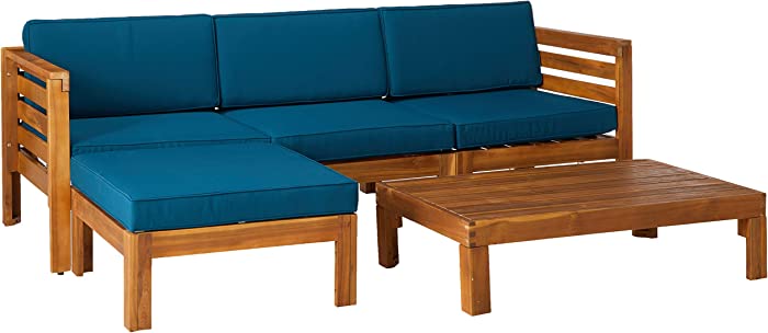 Christopher Knight Home Alice Outdoor 5 Piece Acacia Wood Sofa Set, Teak Finish, Dark Teal