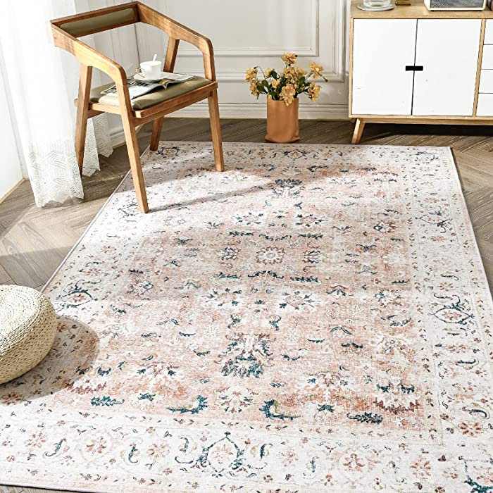 JINCHAN Area Rug 5x7 Persian Rug Vintage Floor Cover Foldable Thin Rug Indoor Retro Blush Pink Floral Print Distressed Carpet Non Slip Kitchen Living Room Bedroom Dining Room