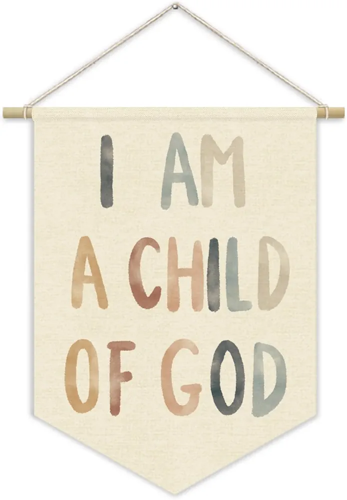 Kids Room Decor I Am A Child Of God Canvas Banner, Bible Verse For Nursery Decor,Christian Scripture Wall Hanging Pennant Flag Canvas Banner for Church Newborn Baby Room Homeschool 15x11in