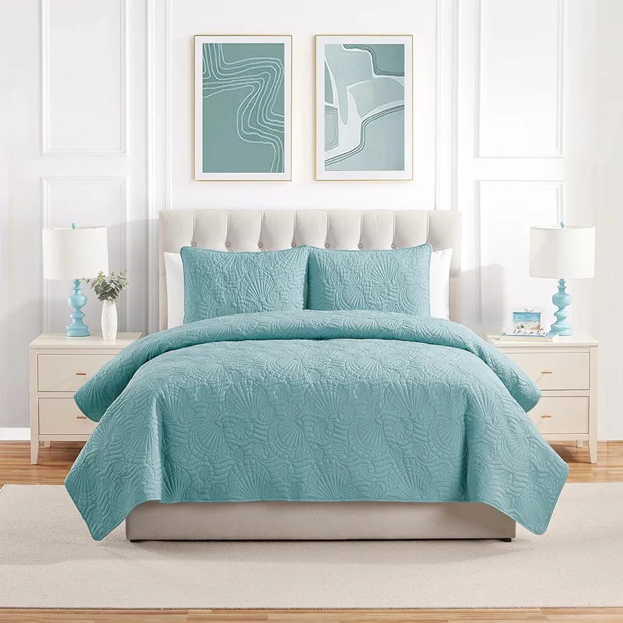 VCNY Home - King Quilt Set, Pinsonic Bedding with Matching Pillow Shams, Dorm Room Essentials, Super Soft Home Decor (Ocean Seafoam, 3-Piece)