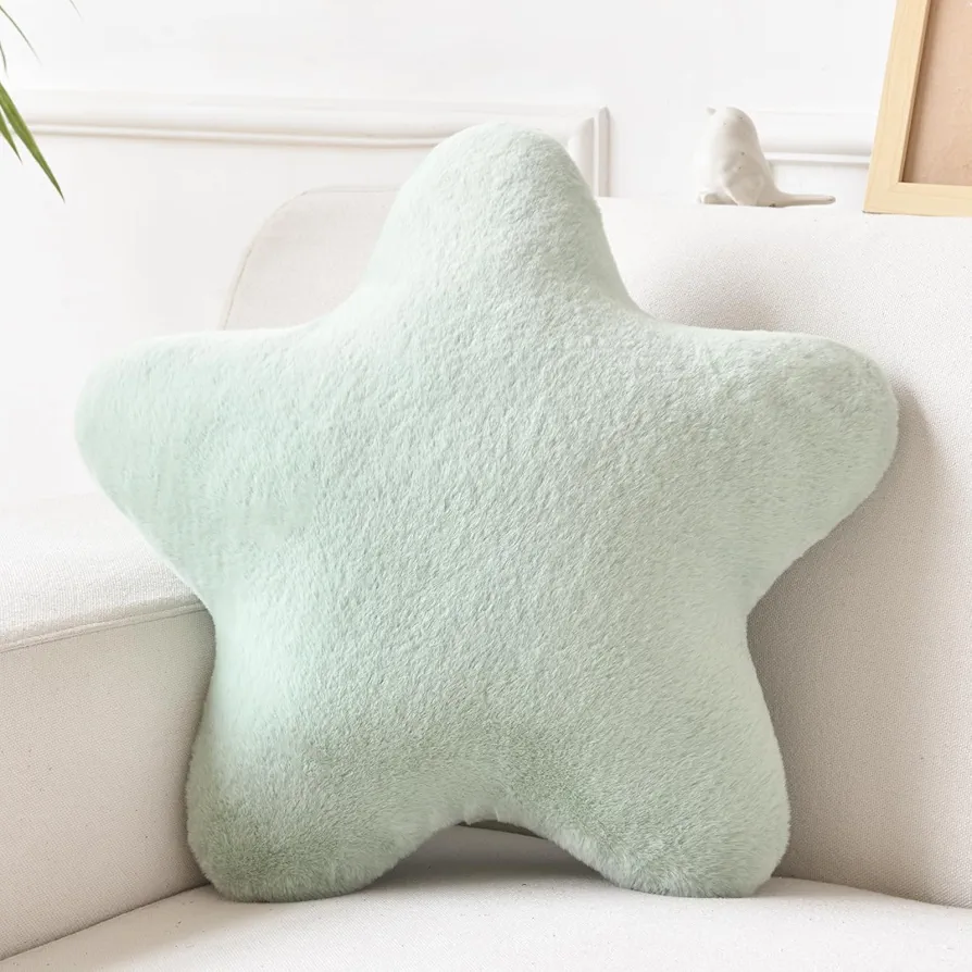 Xiashrk Star Pillow, Decorative Throw Pillows for Bed Couch, 15" Star Shaped Pillow Plush Floor Cushions Room Decor Pillow with Faux Rabbit Fur for Sofa Bedroom Living Room (Sage Green, 15" x 15")