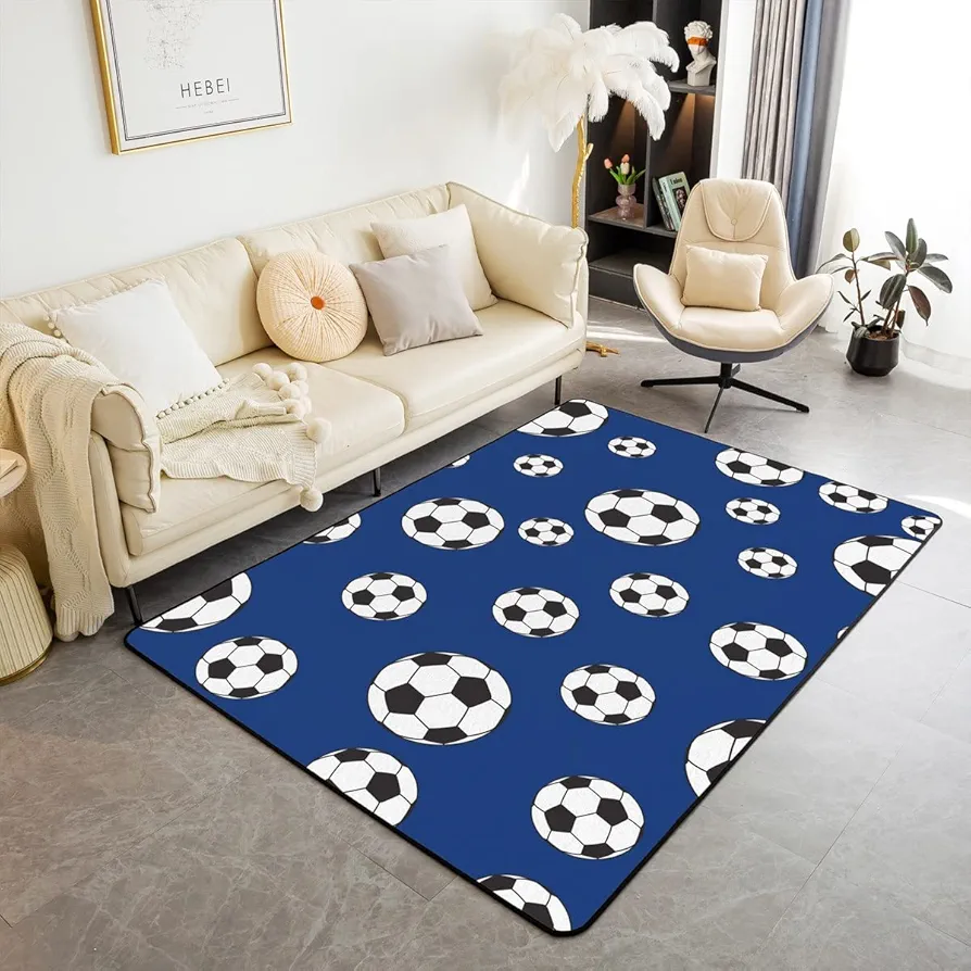 Erosebridal Soccer Area Rug Boys Ball Game Rug for Kids Boys Girls Youth Man Bedroom Decor Football Living Room Rugs 5x7,Sports Hobby Accent Rug Set,Blue Black White