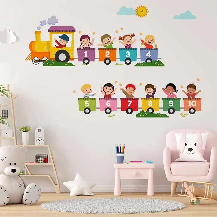 Train Number Kids Wall Stickers, Learning Colors Figures Preschool Wall Decals Peel and Stick Art Wall Decors, Suitable for Nursery, Baby Room, Kids Playroom, Classroom…