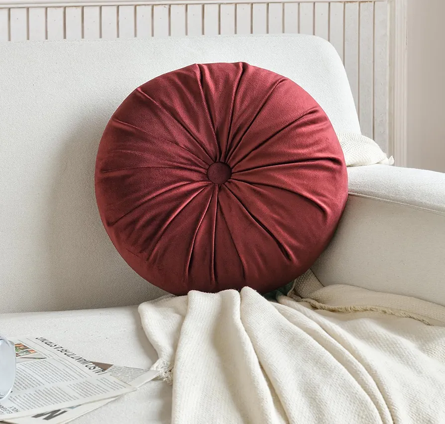 Round Throw Pillow 13.78 Inch Decorative Round Velvet Pillows with Pleated Button Circle Shape Throw Pillow Cushion for Living Room Couch Bed,Burgundy