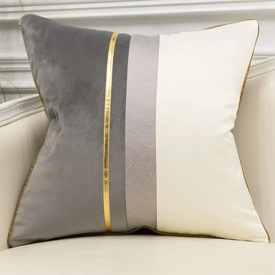 Avigers 18 x 18 Inches Gray White Gold Leather Striped Patchwork Velvet Cushion Case Luxury Modern Throw Pillow Cover Decorative Pillow for Couch Living Room Bedroom Car