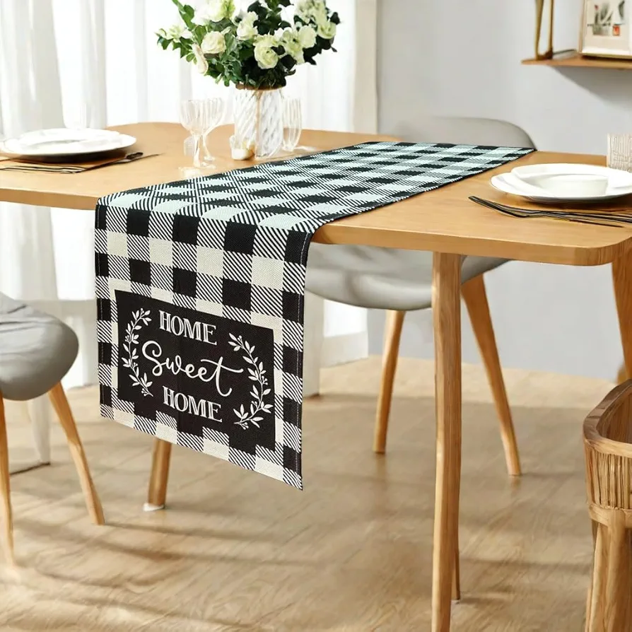 Black and White Table Runner Buffalo Plaid Table Runner, Checkered Linen Table Runners 72 Inches Long, Farmhouse Table Runner for Living Room Dining Room Coffee Table Decor, 13x72 Inches