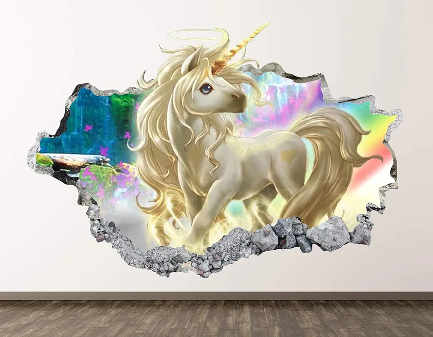 Unicorn Wall Decal Art Decor 3D Smashed Kids Fantasy Sticker Mural Nursery Girl Gift BL05 (22"W x 14"H)