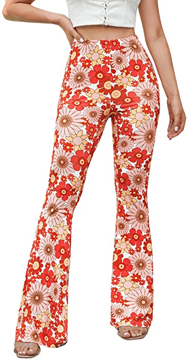 Romwe Women's Bootcut High Waisted Yoga Pants Sunflower Print Wide Leg Pants Trousers