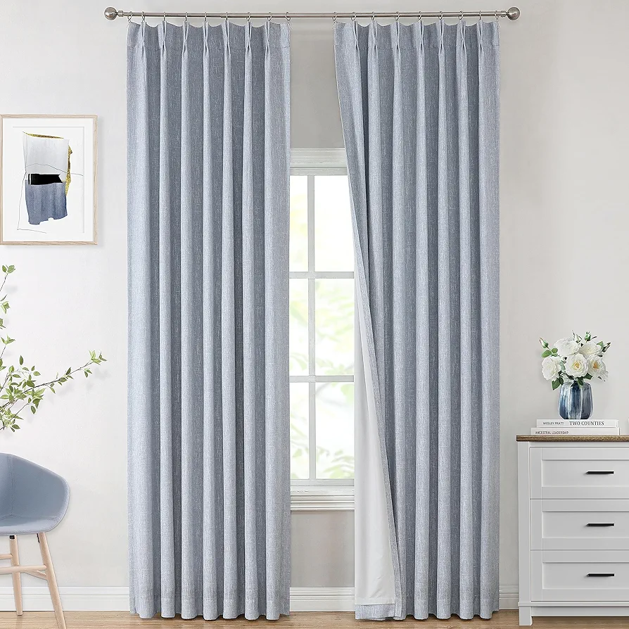 Vision Home Chambray Blue Pinch Pleated Full Blackout Curtains Room Darkening Window Curtains 90 inch for Living Room Bedroom Thermal Insulated Pinch Pleat Drapes with Hooks Back Tab 2 Panel 40"Wx90"L