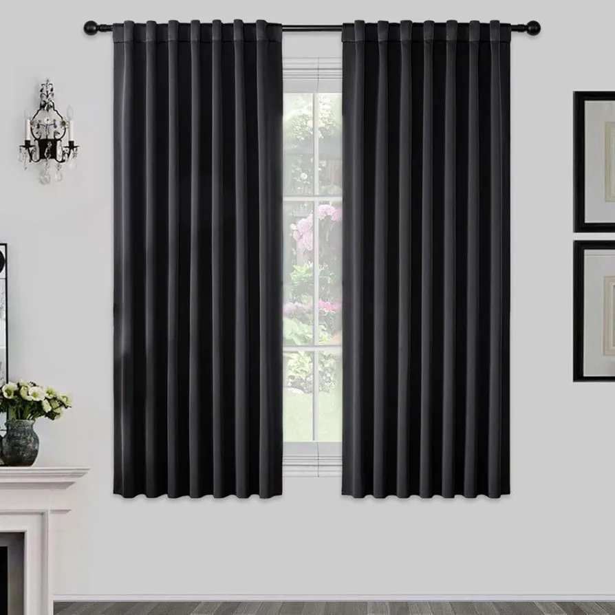 Joydeco 72 Inch Blackout Curtains for Bedroom, Black Out Curtains 72 Inch Long, Room Darkening Curtains & Drapes for Living Room Window Rod Pocket Back Tab (W52 x L72 Inch, Black)