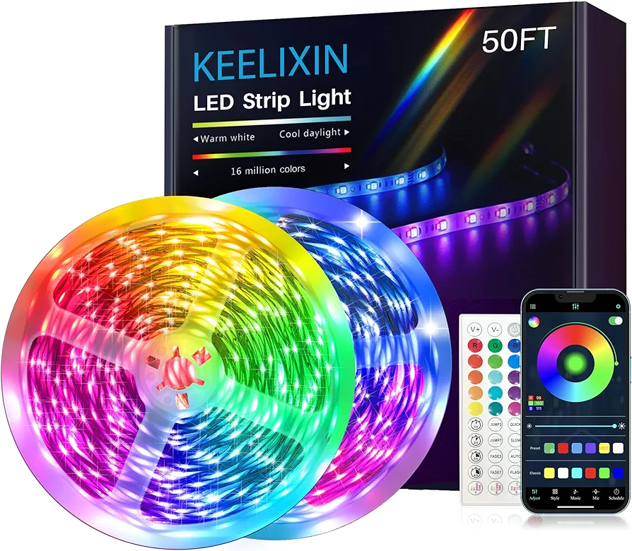 LED Lights 50ft,RGB LED Strip Lights,LED String Lights,Bluetooth LED Lights,LED Rope Lights for Bedroom,String Lights Bedroom,Tape Lights,Room Lighting with Smart APP & Remote Control,2Rolls of 7.5m