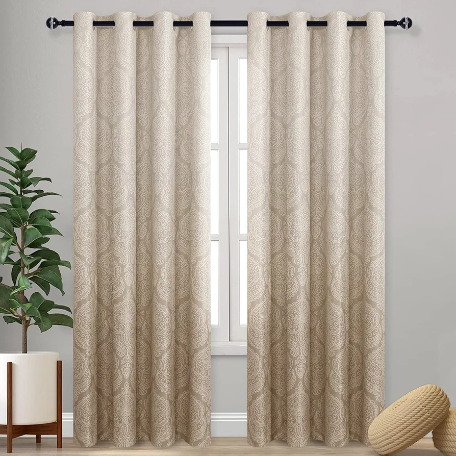 DWCN Ombre Blackout Curtains for Bedroom - Damask Patterned Thermal Insulated Energy Saving Grommet Curtains for Living Room, Set of 2 Gradient Window Curtain Panels, 52 x 84 Inches Long, Taupe