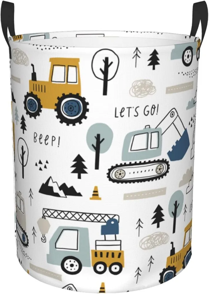 Cartoon Excavator Tractors Laundry Basket Round Laundry Hamper with Handles Waterproof Oxford Fabric Collapsible Dirty Clothes Storage Bucket Gift Storage Basket for Bedroom Dorm Living Room Nursery