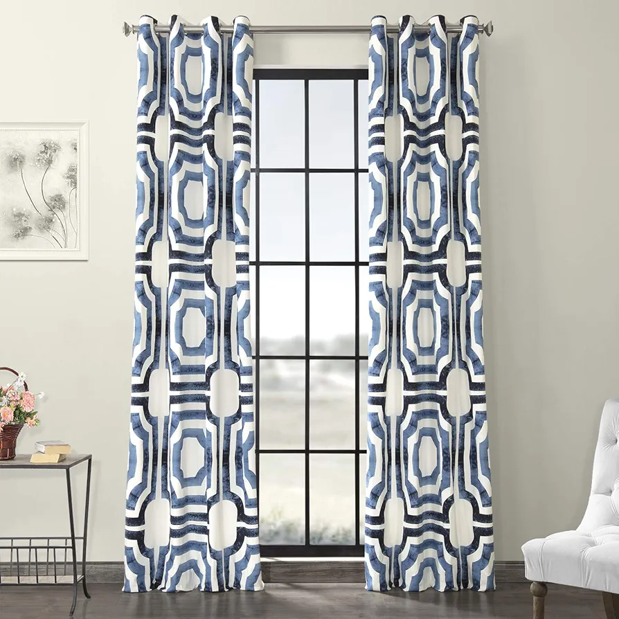 HPD Half Price Drapes Grommet Geometric Printed Curtains 84 Inches Long Luxury Cotton Curtains (1 Panel) Room Darkening Window Curtains for Bedroom & Living Room, 50W x 84L, Mecca Geometric Blue